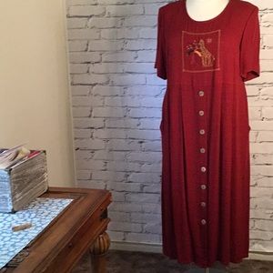 Red dress with giraffe design on front